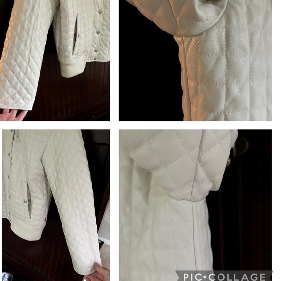 LEVI’S Quilted Faux Leather Bomber Zipper Snap Jacket Hooded Preppy Indie Size S - Picture 7 of 14